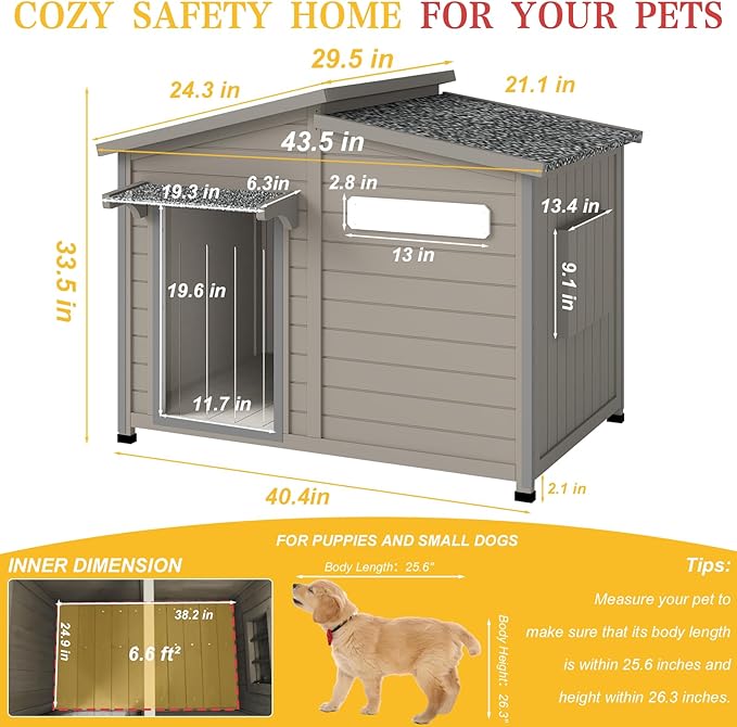 43" L Outdoor Extra Large Dog House with Removable Floor, Raised Feet, Anti-Chewing Iron Frame – Wooden Kennel with Asphalt Roof, Window for Indoor/Outdoor Use, Ideal for Medium to Large Dogs