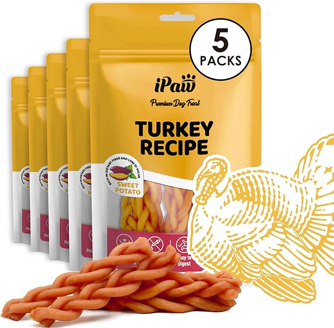 iPaw 5 Stock-Up Combo Turkey Dog Treats, All Natural Human Grade Dog Treat, Suitable for Training chew, US Sourced Raw Material, Hypoallergenic, Rawhide Alternative,Braided Stick (Sweet Potato)