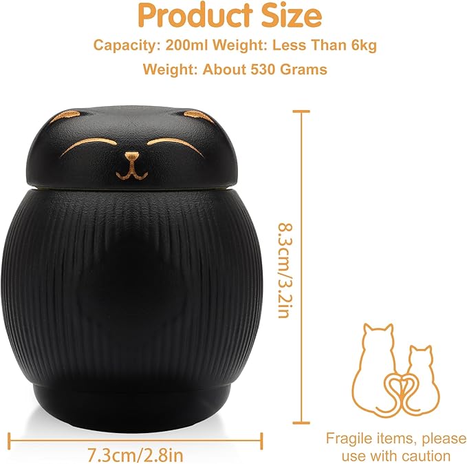 Ceramic Cat Urn for Ashes - Pet Memorial Box with Secure Lid, Funerary Urns Cremation Keepsake for Cats (15 lbs)（Black）