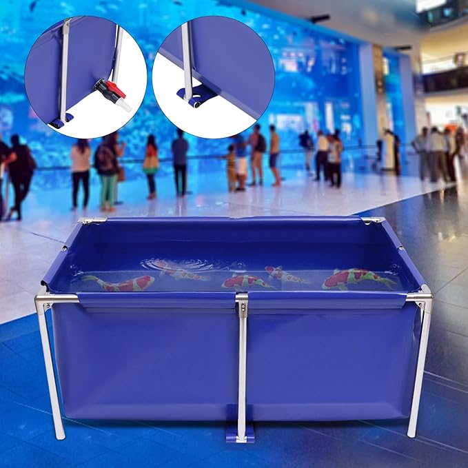 Canvas Fish Pond Aquarium Fish Water Tank, Koi Breeding Pond with Metal Frame and Drain Valve,Blue Cuboid Ornamental Swimming Pool Foldable Water Storage Above Ground Pond for Home