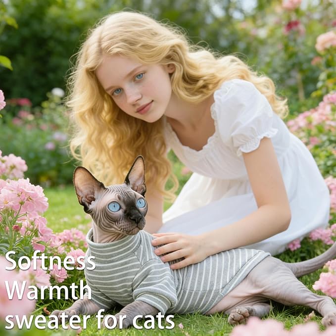 Fleece Sphynx Cat Clothes Soft Hairless Cat Clothes Pullover Cat Sweater for Chihuahua All Season Light and Warm Kitten Cloth for Cats Only Puppy Clothes Small Dog Sweater (Gray Striped, Large)