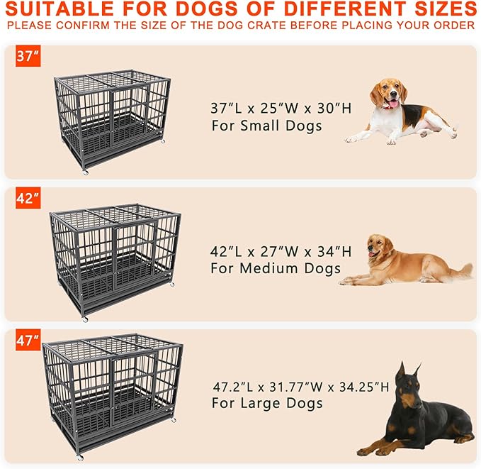 47 Inch Heavy Duty Dog Crates, Dog Kennel for Meduim Dogs, Indestructible Dog Crate with Double Door and Removable Tray Pan (47" L X 30" W X 35" H)