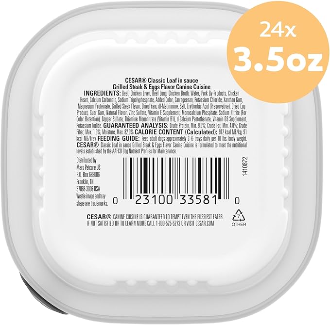 Cesar Classic Loaf in Sauce Adult Wet Dog Food Grilled Steak & Eggs Flavor, 3.5 oz. Easy Peel Trays, 24 Count (Pack of 1)