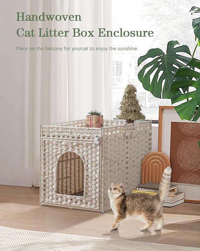 Cat Litter Box Enclosure Furniture, Hidden Litter Box with Mat and Fence, Handwoven Rattan Cat House with Two S-Shaped Hooks for Living Room, Bedroom, 18.5 x 20.5 x 19.1 Inches (White