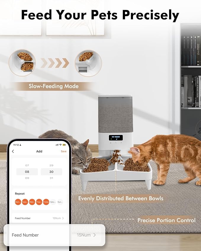 Automatic Cat Feeder for 2 Cats, 2.4G WiFi Timed Cat Feeder with APP Control, 20Cups/5L Automatic Food Dispenser, Dual Stainless Steel Bowls, 1-10 Meals/Day, Dual Power & Detachable for Easy Clean