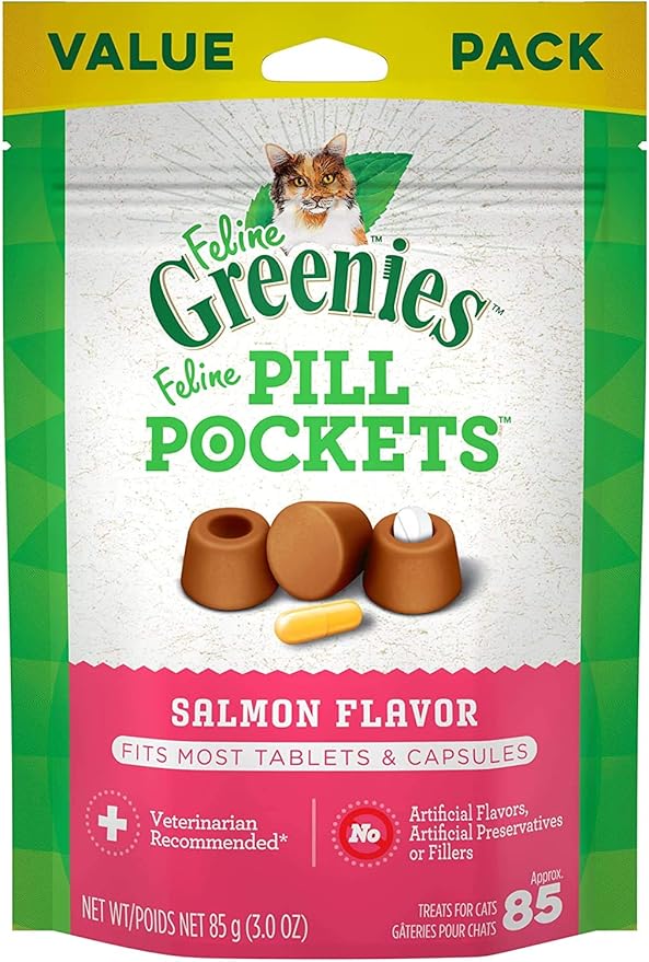 Greenies Feline Pill Pockets for Cats Natural Soft Cat Treats, Salmon Flavor, 3 oz. Pouch (85 Treats)