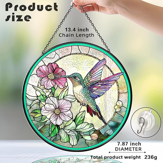 Hummingbird Suncatcher with Floral Nectar Design, Stained Glass Suncatcher - Stained Glass Window Hanging for Nature Lovers, Unique Gift for Bird Enthusiasts, Indoor/Outdoor Garden or Home Decoration