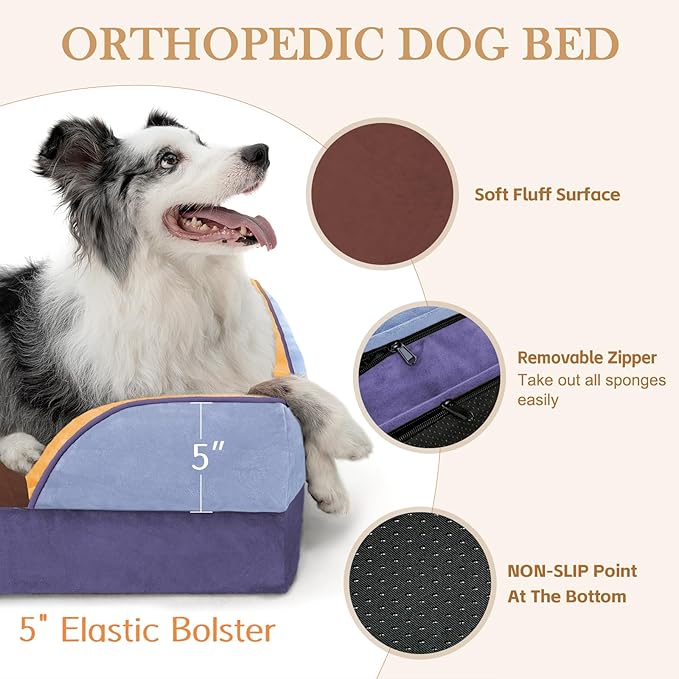 Comfort Expression Orthopedic Dog Bed for Large Dogs 36x27 Inch, Waterproof Egg Crate Foam Large Pet Bed with Removable Bolsters, Dog Couch with Washable Cover & Non-Slip Bottom, Honey Lavender