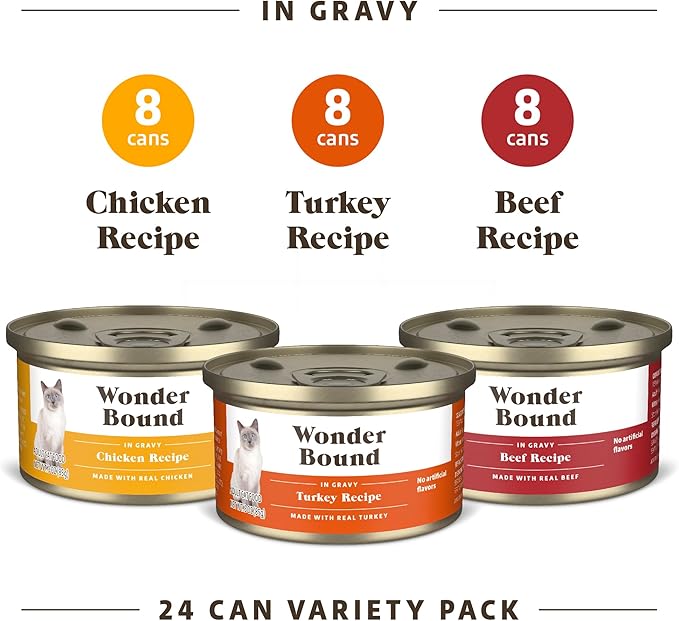 Amazon Brand - Wonder Bound Gourmet Wet Cat Food in Gravy Variety Pack (Turkey, Chicken, Beef), Poultry, Made in USA, 3 Ounce (Pack of 24)