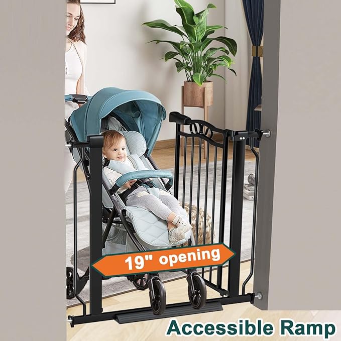 Fairy Baby 29.5"-43.7" Extra Wide Baby Gate for Stairs, Pressure Mounted Dog Gate for Doorways, Auto Close Metal Pet Gate with Arch Design for Puppy, No Drill Child Gate with Walk Thru Door, Black