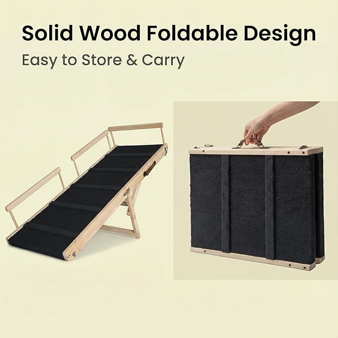 Wooden Pet Ramp for Bed, Foldable Dog Ramp with Removable Side Rails, Lightweight Ramp for Dogs for Large Dogs Senior Cats, Supports up to 100 lbs for Easy Access to Bed or Car (Large)