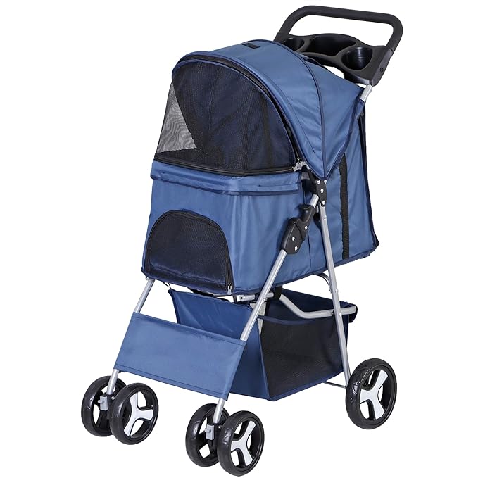 Pet Stroller 4 Wheels Dog Cat Stroller for Small Medium Dog Cats Carrier Jogger Travel Foldable Puppy with Storage Basket and Cup Holder (Navy Blue)