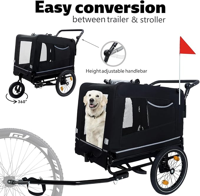 Extra Large Dog Bike Trailer, 2-in-1 Convertible Pet Stroller Cart Bicycle Carrier with Swivel Wheels & Universal Hitch, Foldable Pet/Cargo Carrier for Bicycles Camping Hiking