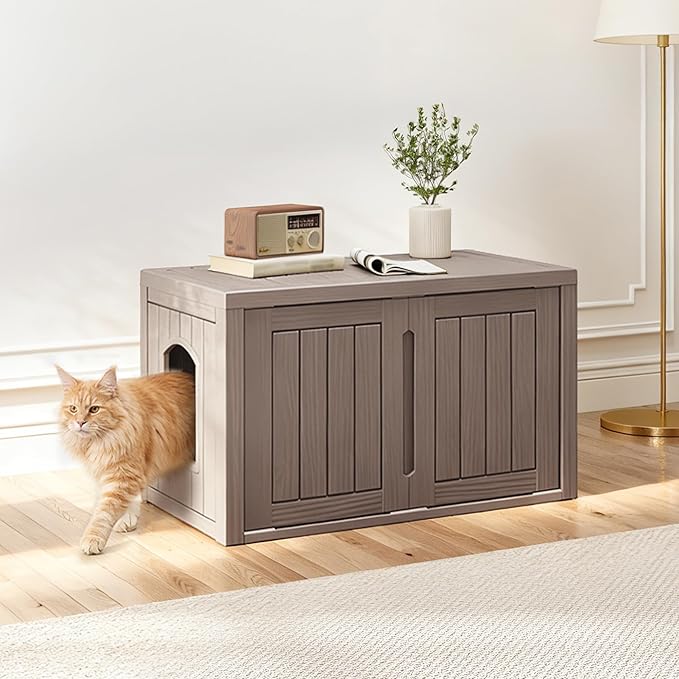 DRATO Outdoor Indoor Cat House, Resin Waterproof & Easy to Assemble Cat Shelter Suitable for Indoor & Outdoor Cats, Sturdy & Durable