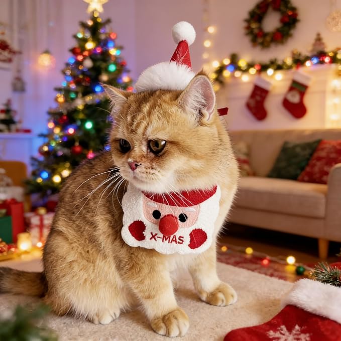 Cute Pet Christmas Costume Bandana Scarf Bib and Hat Set for Cat Small Dog, Cat Christmas Outfit Party Holiday Decorations(Red)
