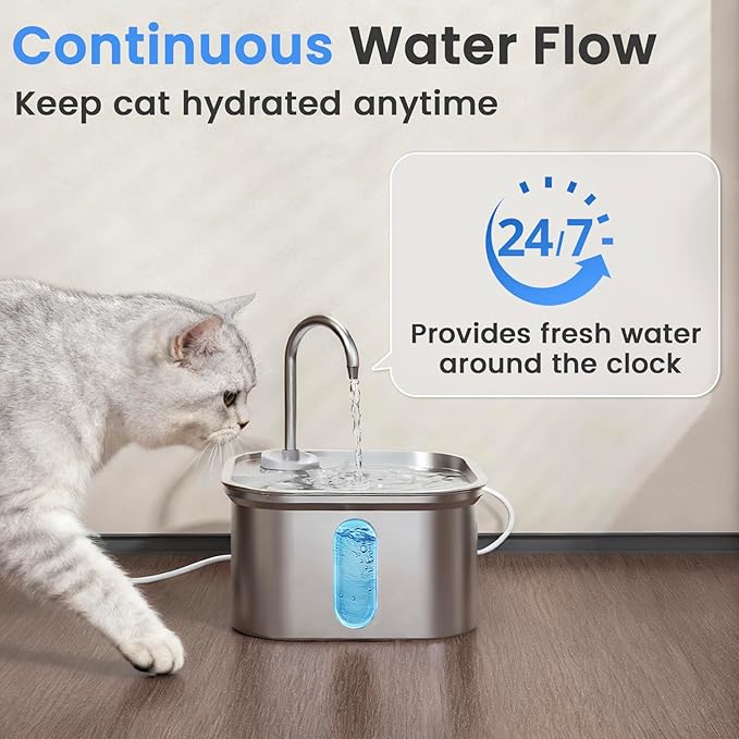 Cat Water Fountain Stainless Steel, 108oz/3.2L Quiet Automatic Cat Fountain for Drinking, Safe Auto Shut-Off, Large Square Pet Water Dispenser for Dogs Indoor with 1 Replacement Filter