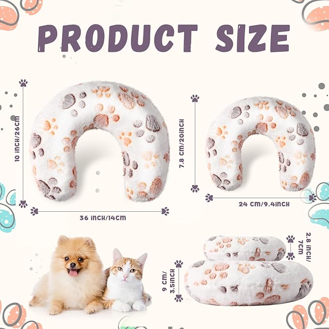 Sweetude 4 Pcs Pillows for Cats Puppy Bed Fluffy Pet Calming Soft Gifts Half Donut U Shaped Pet Neck Pillow Training Joint Relief Cervical Protection(Paw,Large)