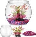 1 Gallon Plastic Fish Bowl with Artificial Plastic Plants and 1 lb Decorative Gravel Shatterproof Clear Round Goldfish Betta Tank, Small Fish Bowl/Aquarium for Table Centerpiece Home Decor
