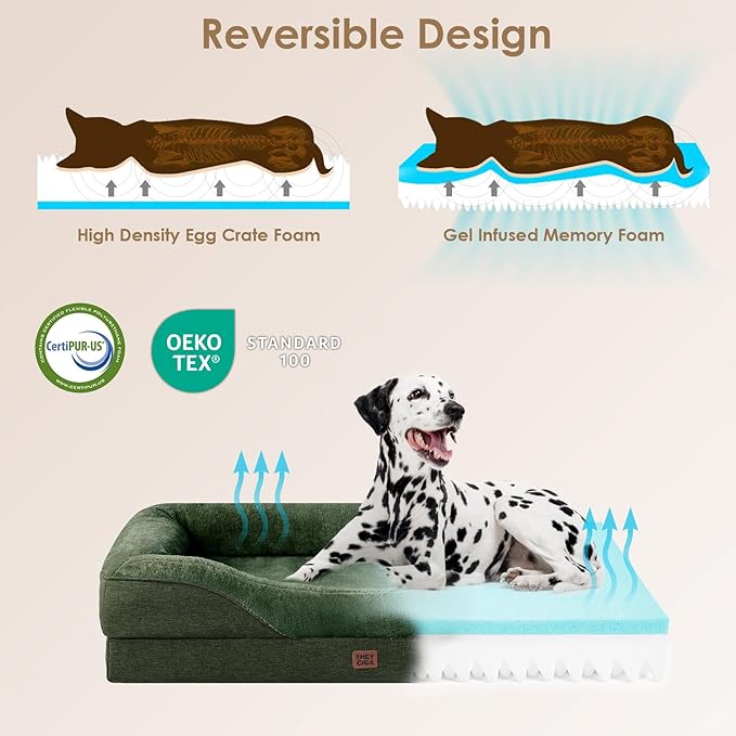 EHEYCIGA Orthopedic XL Dog Bed for Large Sized Dog, 48x35x7.5 Inch Extra Large Memory Foam Dog Couch Bed with Sides, Waterproof Liner & Washable Removable Cover, Bolster Pet Sofa, Dark Green