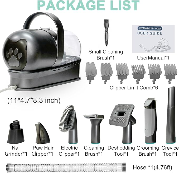 Pet Grooming Vacuum Kit for Dogs Cats, Uproot Cleaner Pro Pet Hair Remover Suction 99% Pet Hair, 7 in 1 Grooming Tools with Professional Clippers for All Furry Pets (Silver Gray)
