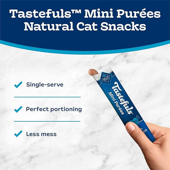 Blue Buffalo Tastefuls Mini Purées, Adult Cat Natural Single-Serving Snack, 24-Count Variety Pack Chicken, Tuna, and Salmon 0.5 oz. (Pack of 1)