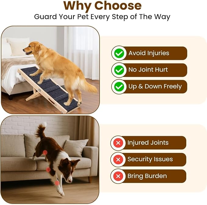 Adjustable Dog Ramp 40.5" Length, 5 Heights 10–24 Inches, Foldable Pet Ramp for Bed & Couch, Solid Wood, Non-Slip Carpet, Portable