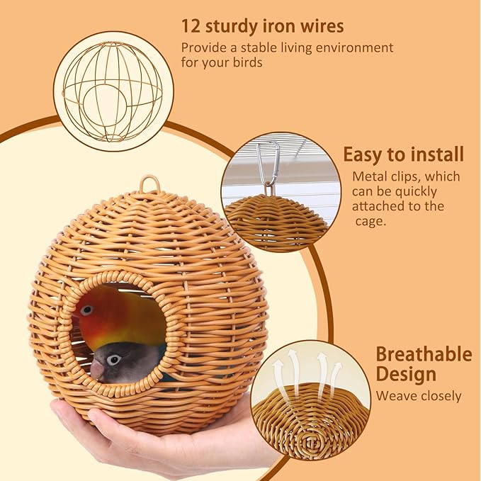 Rattan Bird Nest for Cage，Hanging Parrot Breeding Nesting House Washable Soft Lay Warm Sleep Hut Bird Cage Accessories for Cockatiels Budgerigars Finches Canaries (Circular Opening)