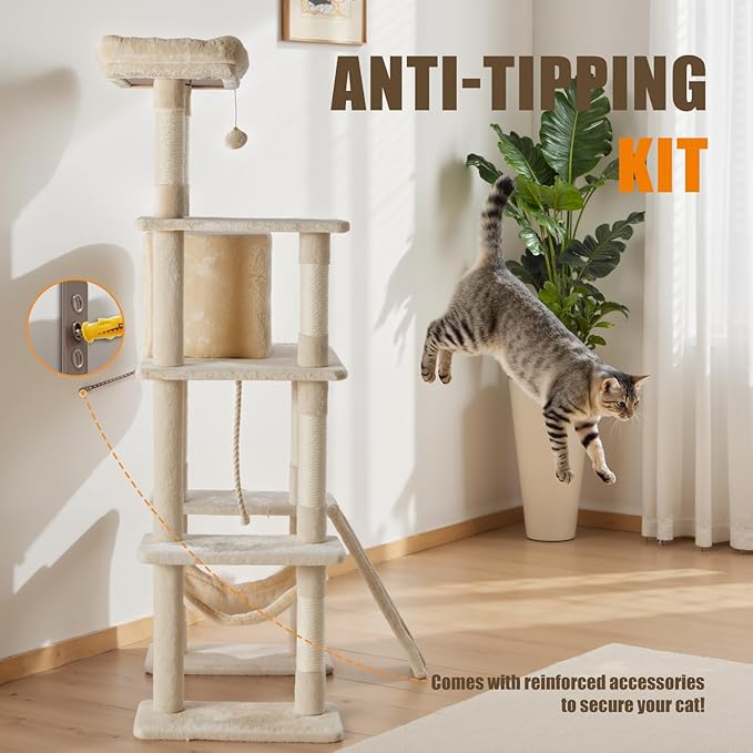Sweetcrispy 63 inch Cat Tree Tower, Large Multi Level Cat Climbing Tower with Condo, Natural Sisal Scratching Posts, Extended Platform, Hammock, Pet House for Indoor Cats and Kittens Play, Beige