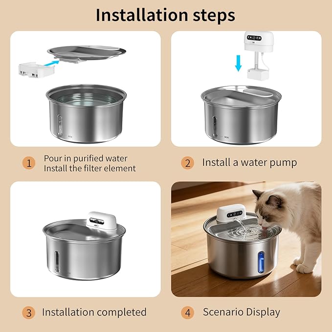 YFL Wireless Cat Water Fountain, 108oz/3.2L Battery Operated Pet Water Fountain, Stainless Steel Dog Water Dispenser with Motion Sensor, Quiet Cordless Cat Fountain for Inside