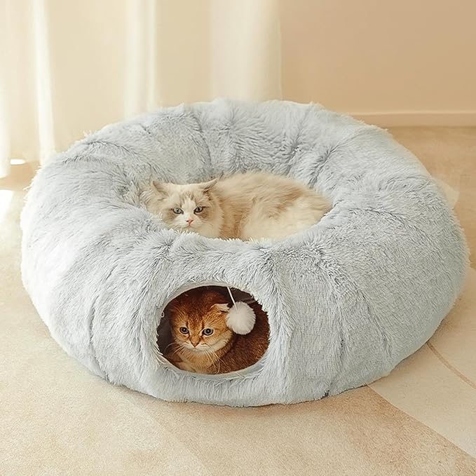 Cat Tunnel,Peekaboo Cat Cave Bed for Indoor Cats Cat Donut Tunnel for Pet Cat House Detachable Round Cat Felt & Washable Interior Cat Play Tunnel (Grey, 32in)