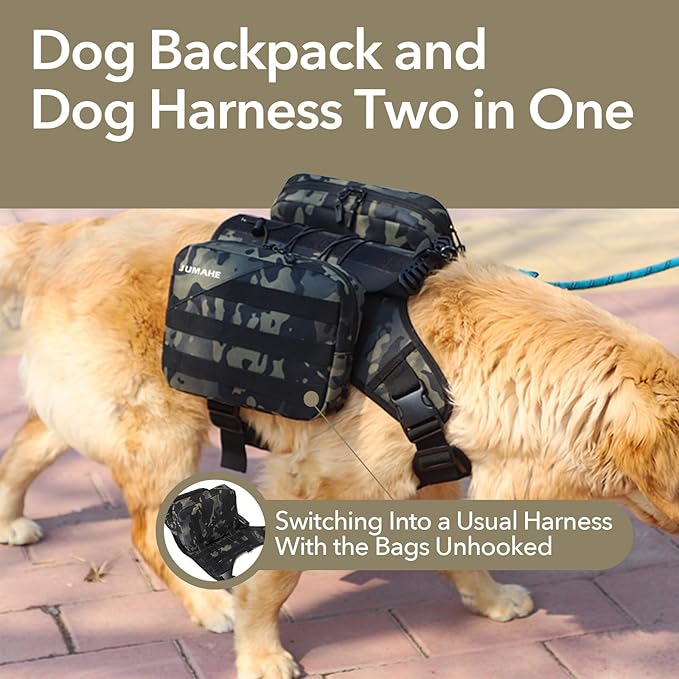 x Jumahe Dog Hiking Backpack for Large/Giant Dogs – 2 Spacious Side Bags, Breathable Waterproof Fabric, Fits Chest 30"-40" (85-120 lbs), 5 Adjustable Buckles, Outdoor Travel Vest, Black