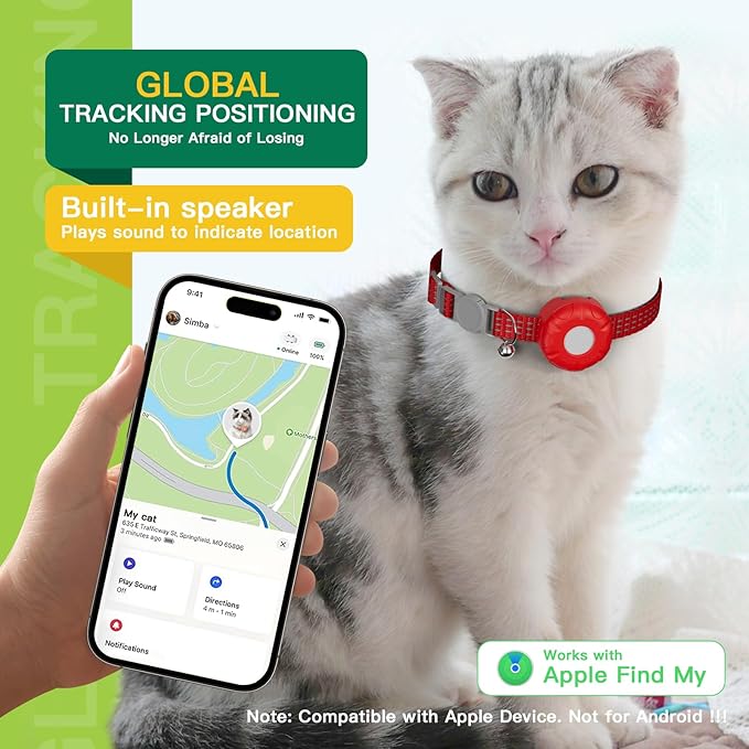 GPS Tracker for Cats, Waterproof Pet GPS Tracker, Cat Tracker Collar with Safety Elastic Buckle, Compatible with Apple Find My App (Only iOS), No Monthly Fee, Red