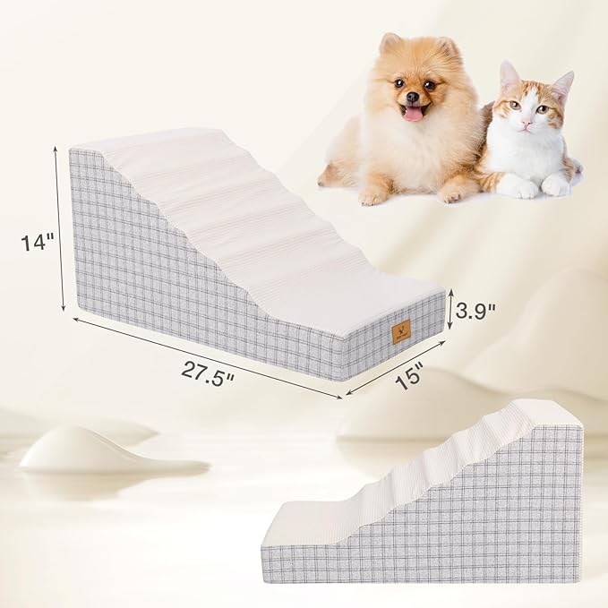 Pets Ramp for High Beds, Small Dogs & Senior Cats - Non-Slip Texture & Machine Washable Cover - Supportive Foam for Joint Comfort, Easy Climb for Couch, Sofa, Furniture (Beige)