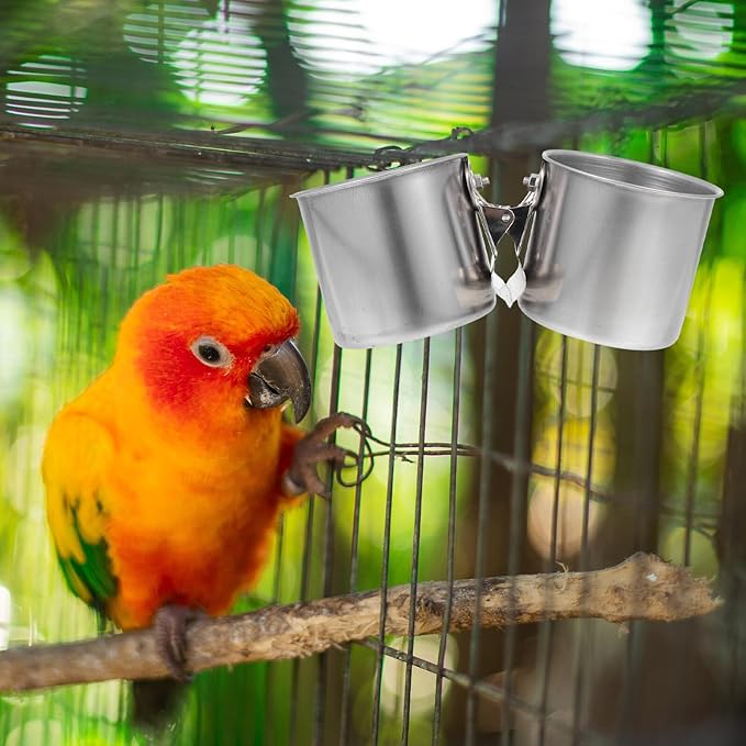 POPETPOP 2pcs Stainless Steel Bird Feeder Bowls with Clamp 5.5cm and 7cm Feeding Cups for Parrots and Small Birds for Feeding and Watering Supplies