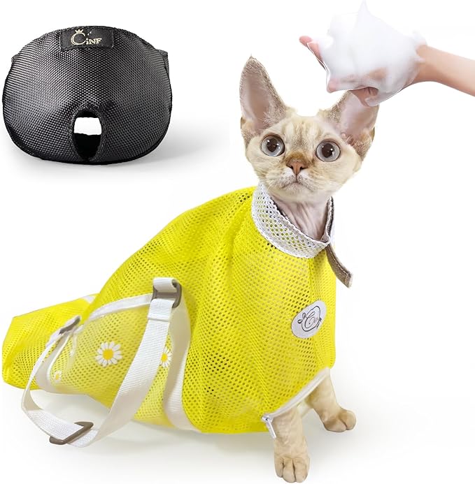 Cinf Cat Bathing Bag(Free Muzzle) Breathable Mesh Anti Scratch Adjustable Cat Grooming Bag for Nail Trimming, Bathing Soft Cat Washing Bag(Yellow) L