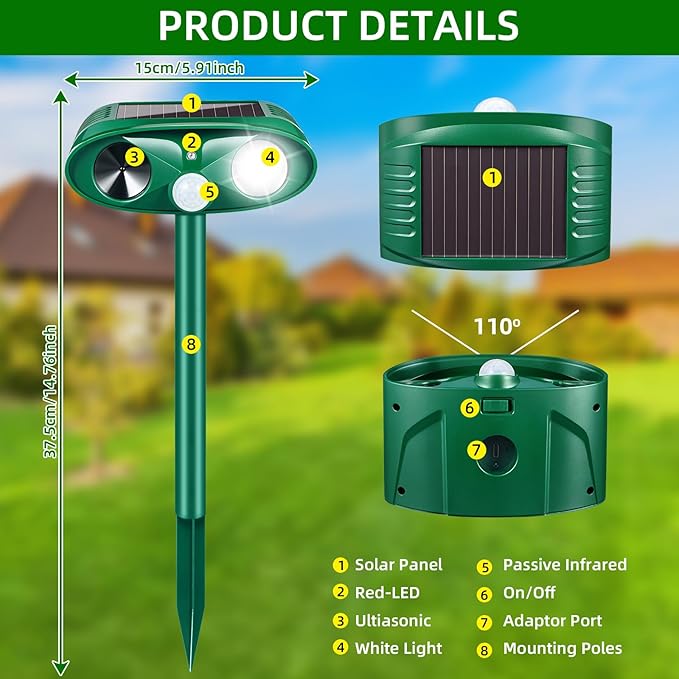 2026 Solar Ultrasonic Animal Repellent Outdoor Motion Activated Cat Deer Repellent IP65 Waterproof Squirrel Raccoon Fortress Pro Skunk Rabbit Dog Bird Deterrents Animal Repeller for Garden Yard,2 Pack