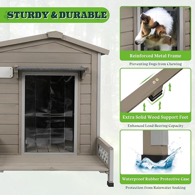 Dog House Outdoor Weatherproof & Wooden Indoor Dog Kennel with Chew-Proof Iron Frame，Removable Floor, Recreational Steps and Adjustable Window, Easy Assembly(Gray,34" L × 28" W × 28" H)