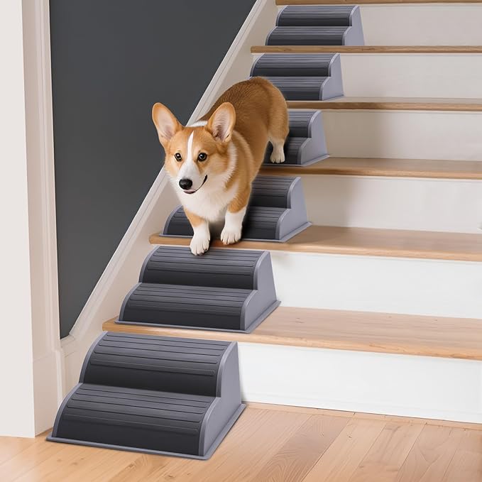 2-Step Modular Dog Ramp - Portable Non-Slip Stairs for Small Dogs with High Support, Lightweight Plastic Pet Steps Fits Staircase Indoor, Ideal for Elderly Injured Pets (9.5"D, 1-Pack, Grey)