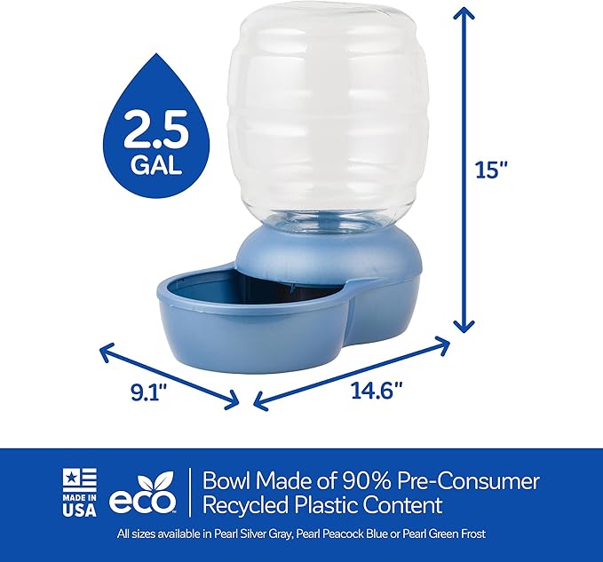 Petmate Replendish Gravity Waterer With Microban for Cats and Dogs, 2.5 Gallons,Blue, Made in USA