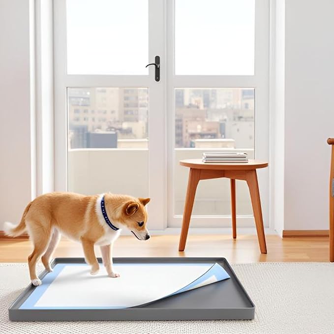 Pee Pad Holder for Dogs 27" x 27", Non-Slip Silicone Large Puppy Potty Tray Training Pads, Flat Surface for Easy-Clean, Floor Protective with Raised Edge, Dark Gray