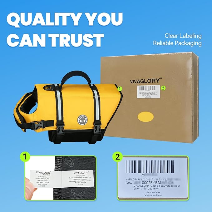 VIVAGLORY Rip Stop Dog Life Vest, Swimming Vest with Handle, Buoyancy for Doggy Puppy, Dog Life Jacket for Swimming & Boating, XL, Yellow