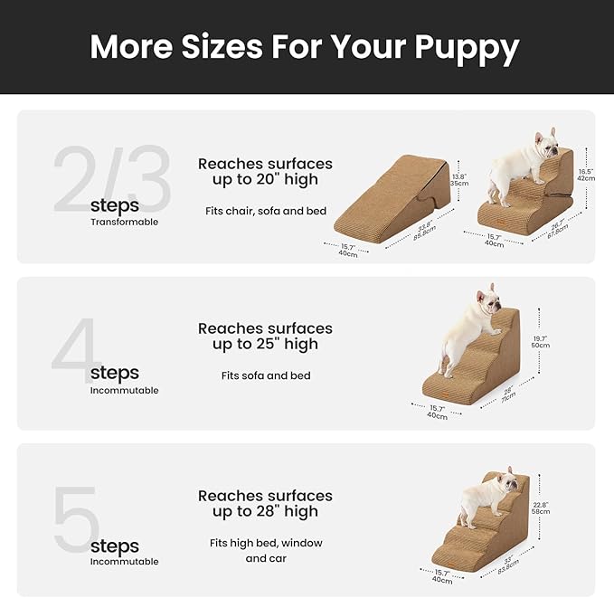 Gardner Pet Dog Stairs for Small Dogs 16.5" H, 2 in 1 Transformable 3-Step Pet Stairs and Dog Ramp for Couch (13-20 in), Brown Adjustable Pet Steps with Non-Slip Waterproof Cover and CertiPUR-US Foam