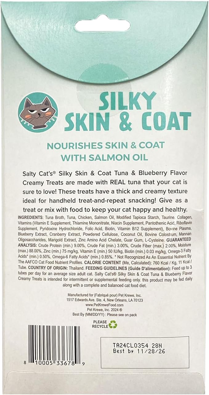 Salty Cat VitaCat Silky Skin & Coat Natural Tuna & Blueberry Functional Tube Treats for Cats (12 Pack)