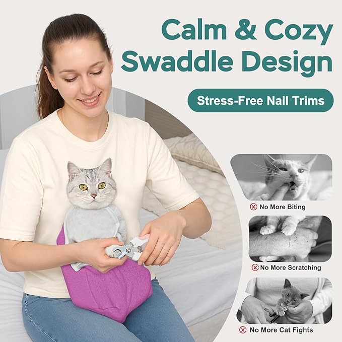 Self-Adhesive Cat Grooming Wrap, Cozy Cat Wrap for Cutting Nails, Breathable Anti-Scratch Cats Swaddle Bag for Brushing, Ear Cleaning, Dental Care, Medication, Injections,Pinkish Purple S
