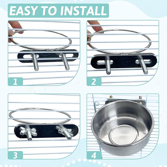 PINVNBY Stainless Steel Bird Bowl Parrot Food Water Bowls with Clamp Holder Bird Feeder Dish Cups Crate Bowls for Cockatiel Pigeons Conure Budgies African Greys (2PCS Screw Size: S)