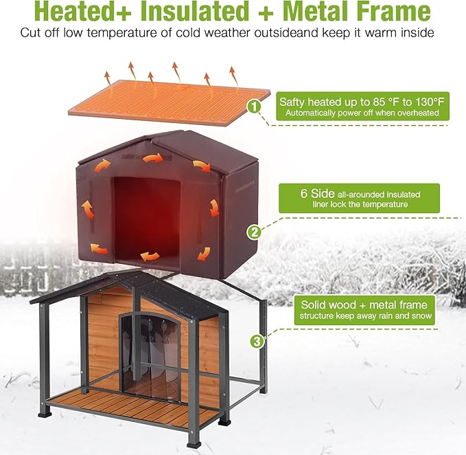 GUTINNEEN 41.6" Extra Large Heated Outdoor Dog House for Large Dogs Insulated, Thermostat-Controlled Heating with Full 6-Sided Insulation, Metal Frame, Spacious, Cozy, and Safe Winter Shelter (Brown)