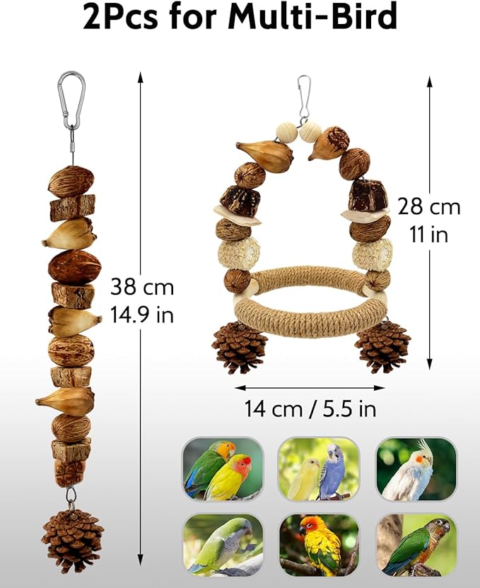 2Pcs Natural Bird Chew Toys, Wood Parakeet Swing Toys with Sisal Wrap for Claw Grinding, Hanging Safe Chew Toys for Parrot Beak Care, Multi-Play Design Cockatiel Toys for Budgie Conure Keeps Busy