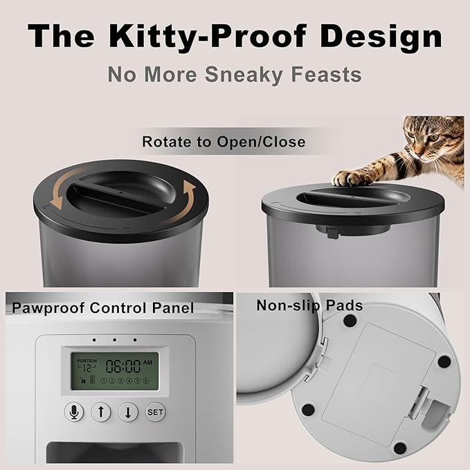 Automatic Cat Feeder for 2 Cats,6 Meals/Day,Dual Power,Dry Pet Food Autofeeder Portion Control,Timer Setting,10S Voice Record (Transparent White, 4.2L-Stainless Steel 2 Bowls)