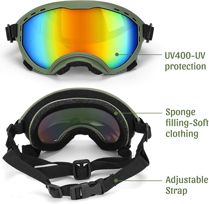 Dog Goggles for Large Dogs, Dog Sunglasses for Eyes Protection, UV Protection for Medium/Large Pet Outdoor, Windproof Anti-Fog Snowproof, Green Box