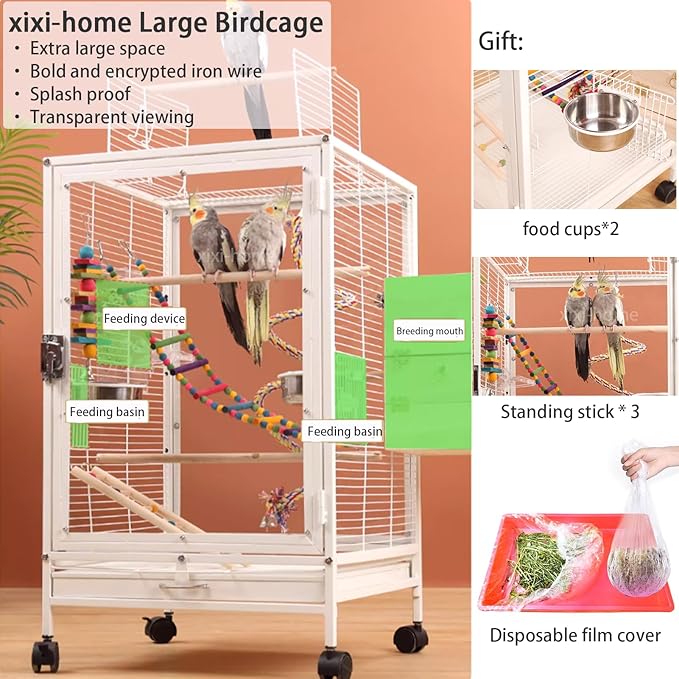 xixi-home Clear Parrot Cage,Metal Bird Cage Ornamental Cage -with Play Top and Wheel,Large Bird Cage Flying Birdcage for Outdoors (Type B - White)